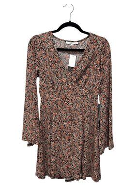 Lush Floral Print Long Sleeve Wrap Dress V-Neck Medium Autumn Colors Boho Chic S